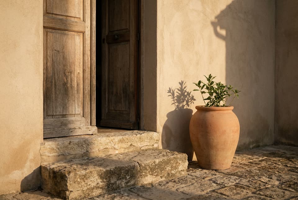 Quelques marches et de la verdure devant une entrée en rez-de-jardin.