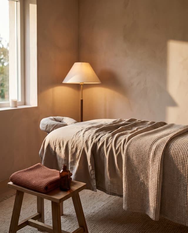 La table de massage préparée, drap de lin et petite lampe posée au sol.