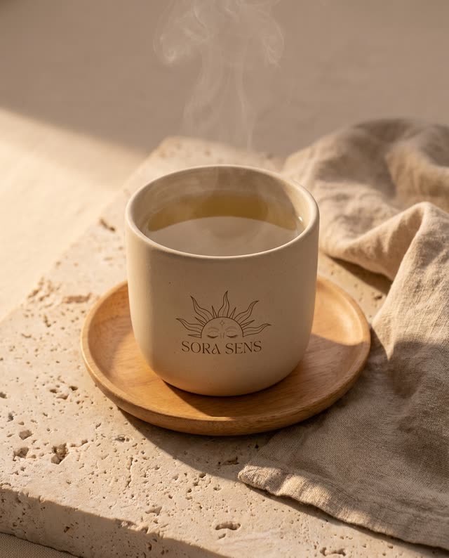 Une tasse de tisane fumante posée sur un plateau de bois.